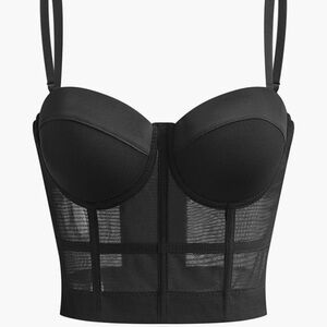 Commense Black Mesh Bustier Top With Boning And Back Hook And Eye Closures- L